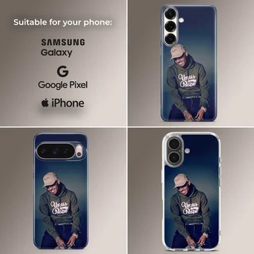 Chris Brown wearing an olive hoodie and cap printed on a matte phone case — Collage