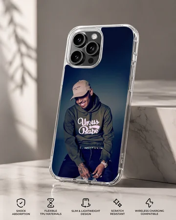 Chris Brown wearing an olive hoodie and cap printed on a matte phone case — Specs