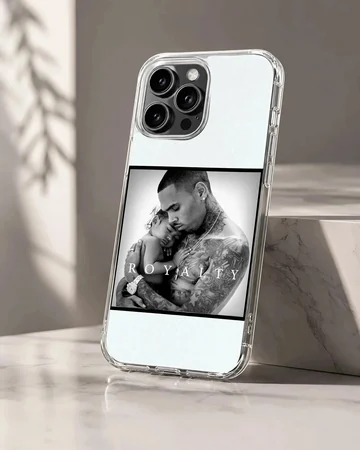 Monochrome music artwork featuring a portrait with bold typography on a phone case