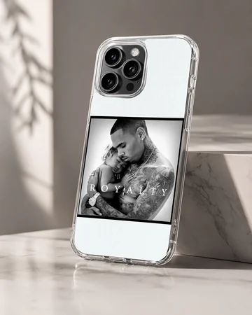 Monochrome music artwork featuring a portrait with bold typography on a phone case — Hero