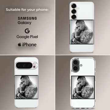 Monochrome music artwork featuring a portrait with bold typography on a phone case — Collage
