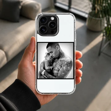 Monochrome music artwork featuring a portrait with bold typography on a phone case — Lifestyle