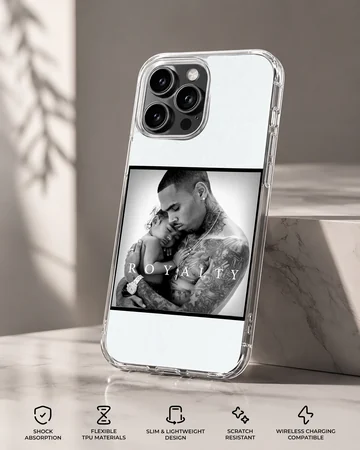 Monochrome music artwork featuring a portrait with bold typography on a phone case — Specs