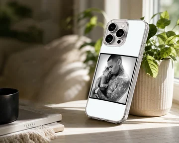 Monochrome music artwork featuring a portrait with bold typography on a phone case — Lifestyle