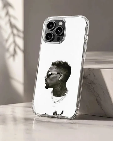 Monochrome profile portrait of a stylish man wearing sunglasses and chains on a phone case