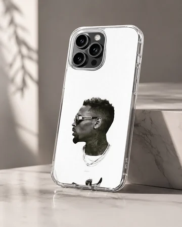 Monochrome profile portrait of a stylish man wearing sunglasses and chains on a phone case — Hero