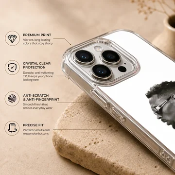 Monochrome profile portrait of a stylish man wearing sunglasses and chains on a phone case — Info