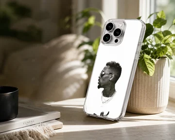 Monochrome profile portrait of a stylish man wearing sunglasses and chains on a phone case — Lifestyle