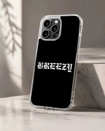 Breezy text in white old English font on a black background phone case