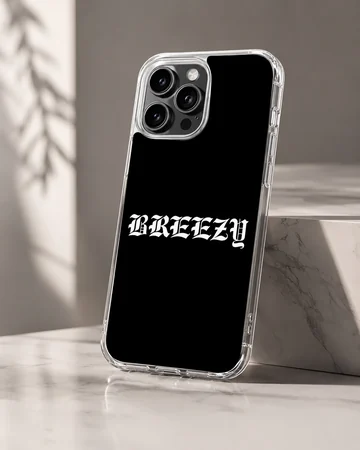 Breezy text in white old English font on a black background phone case — Hero