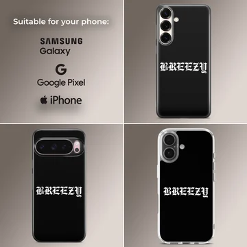 Breezy text in white old English font on a black background phone case — Collage