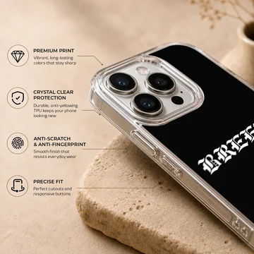 Breezy text in white old English font on a black background phone case — Info