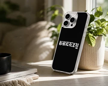 Breezy text in white old English font on a black background phone case — Lifestyle