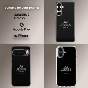 Minimalist black phone case with white inspirational Christian typography quote — Collage