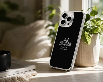 Minimalist black phone case with white inspirational Christian typography quote — Lifestyle