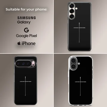 Minimalist black phone case with a thin white vertical cross and the quote I love what I live in my room. — Collage