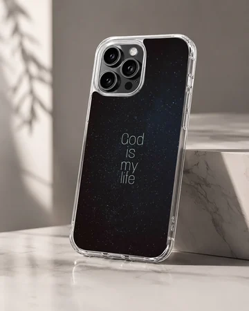 Minimalist starry night sky design with the words God Is My Life on a phone case — Hero
