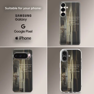 Saint Teresa quote printed over a dimly lit interior stone archway on a phone case — Collage