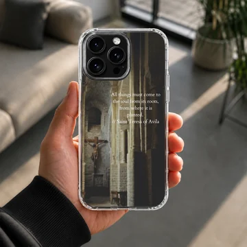 Saint Teresa quote printed over a dimly lit interior stone archway on a phone case — Lifestyle