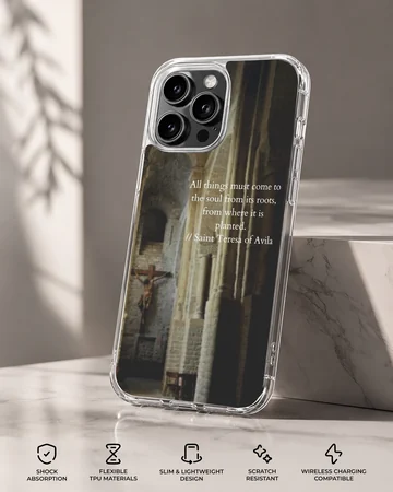 Saint Teresa quote printed over a dimly lit interior stone archway on a phone case — Specs