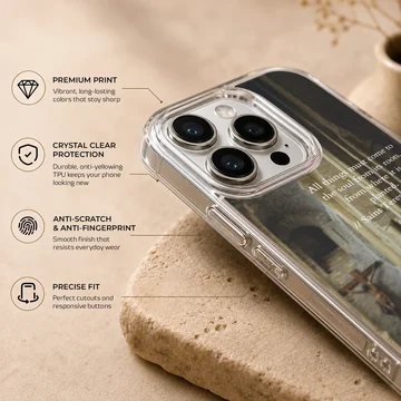 Saint Teresa quote printed over a dimly lit interior stone archway on a phone case — Info