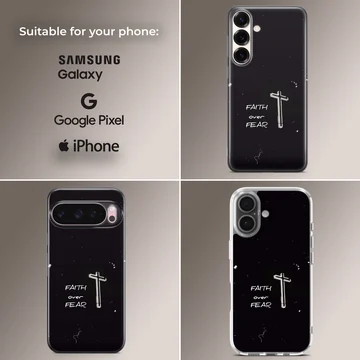 Minimalist black phone case featuring a white cross and the text faith over fear — Collage