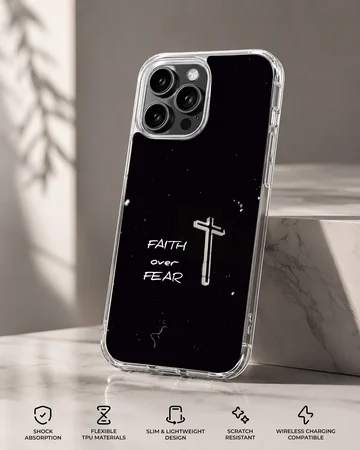 Minimalist black phone case featuring a white cross and the text faith over fear — Specs