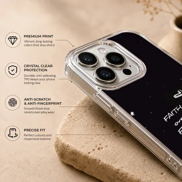 Minimalist black phone case featuring a white cross and the text faith over fear — Info