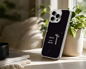 Minimalist black phone case featuring a white cross and the text faith over fear — Lifestyle