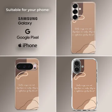 Abstract neutral tone phone case featuring an inspirational white script quote and organic shapes — Collage