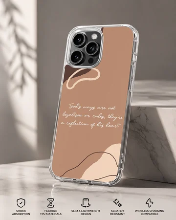 Abstract neutral tone phone case featuring an inspirational white script quote and organic shapes — Specs
