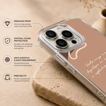 Abstract neutral tone phone case featuring an inspirational white script quote and organic shapes — Info