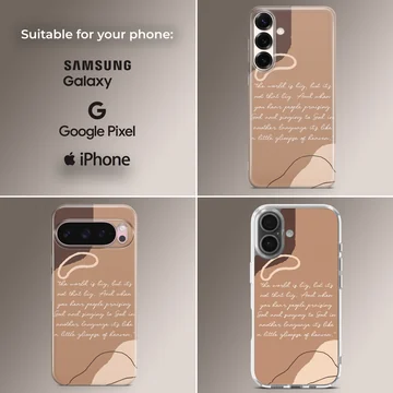 An inspirational quote phone case featuring handwritten script over abstract neutral tones. — Collage