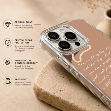 An inspirational quote phone case featuring handwritten script over abstract neutral tones. — Info
