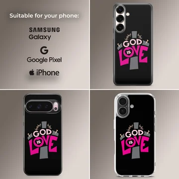 God Is Love christian phone case featuring bold typography and cross illustration — Collage