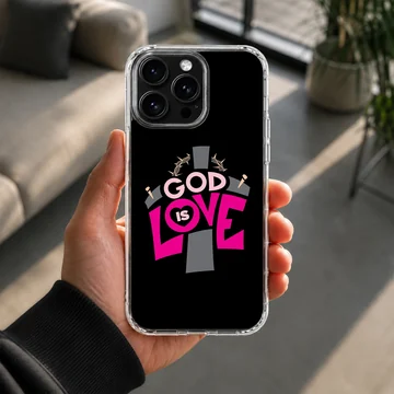 God Is Love christian phone case featuring bold typography and cross illustration — Lifestyle