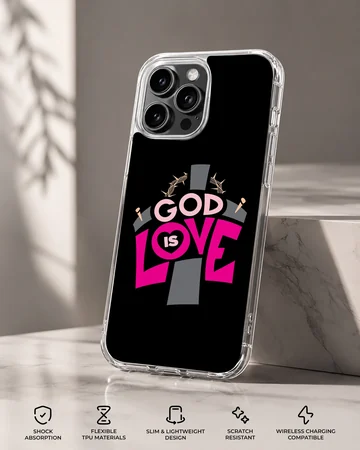 God Is Love christian phone case featuring bold typography and cross illustration — Specs