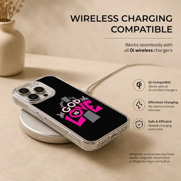 God Is Love christian phone case featuring bold typography and cross illustration — Charging