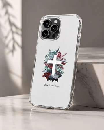 White phone case featuring a white cross centered in a lush arrangement of red, blue, and green foliage with the words Now I am free underneath. — Hero
