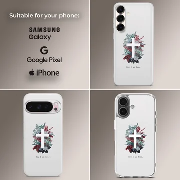 White phone case featuring a white cross centered in a lush arrangement of red, blue, and green foliage with the words Now I am free underneath. — Collage