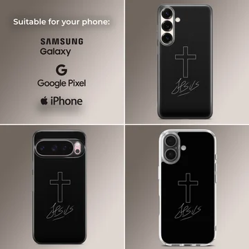 A black snap case featuring a clean white Christian cross graphic and cursive text, shown as a phone case — Collage