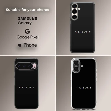 Jesus minimalist typography phone case with colorful dot accents on black — Collage
