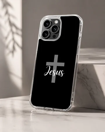 Christian cross phone case featuring white script typography over a minimalist grey cross on a black background — Hero
