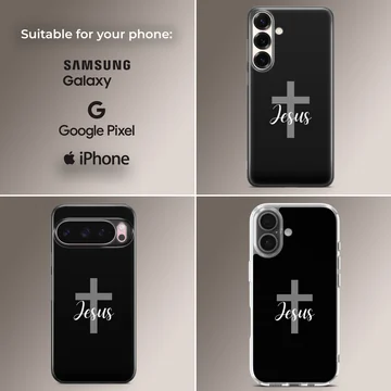 Christian cross phone case featuring white script typography over a minimalist grey cross on a black background — Collage