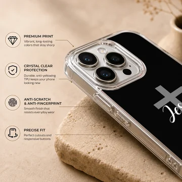 Christian cross phone case featuring white script typography over a minimalist grey cross on a black background — Info