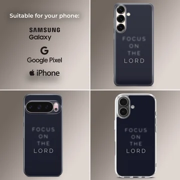 Dark navy phone case with minimalist typography reading Focus on the Lord phone case — Collage