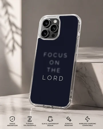 Dark navy phone case with minimalist typography reading Focus on the Lord phone case — Specs