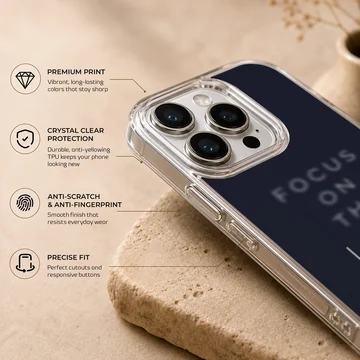Dark navy phone case with minimalist typography reading Focus on the Lord phone case — Info
