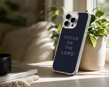 Dark navy phone case with minimalist typography reading Focus on the Lord phone case — Lifestyle