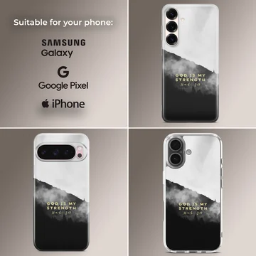 Christian phone case featuring a misty mountain landscape in black and white with golden scripture typography — Collage